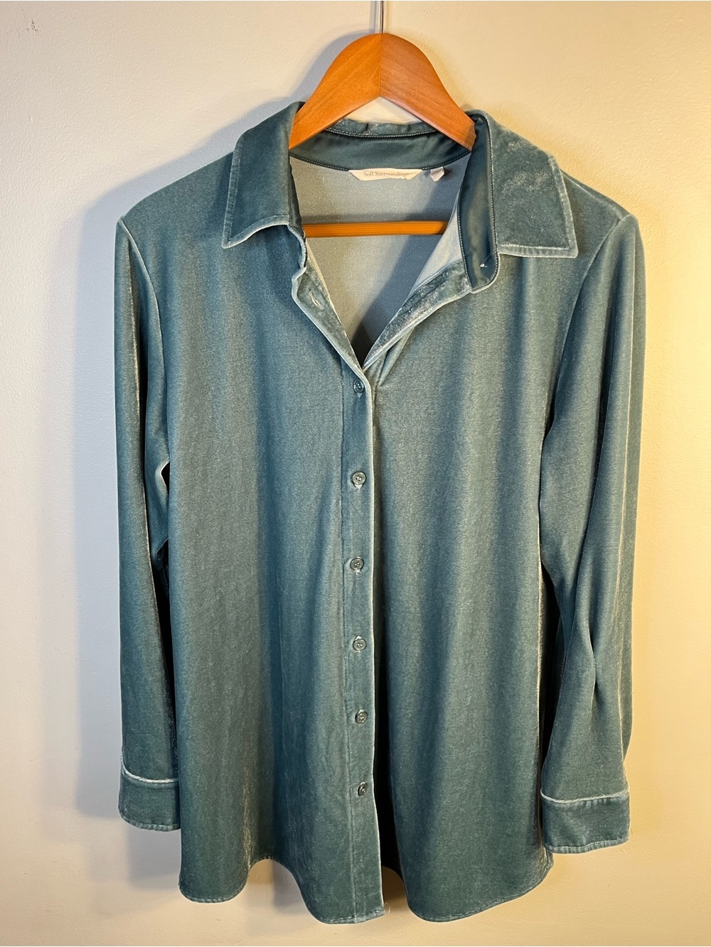 Soft Surroundings Velour Button-Up Shirt Sea Foam Green Size M